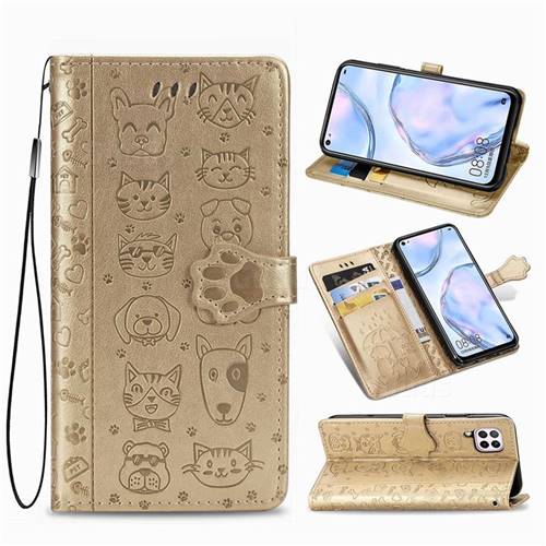 Embossing Dog Paw Kitten and Puppy Leather Wallet Case for Huawei nova 6 SE - Champagne Gold