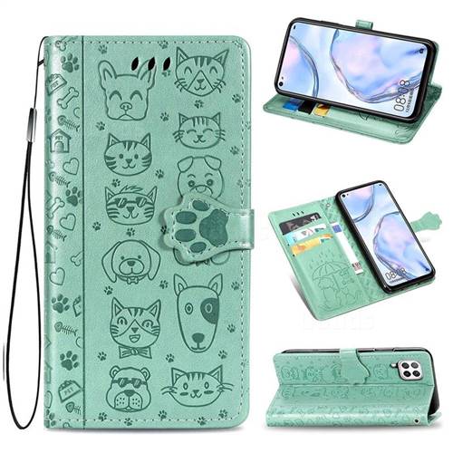Embossing Dog Paw Kitten and Puppy Leather Wallet Case for Huawei nova 6 SE - Green