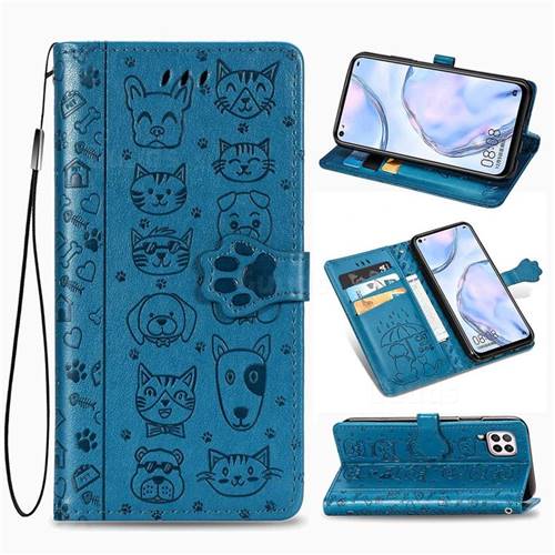 Embossing Dog Paw Kitten and Puppy Leather Wallet Case for Huawei nova 6 SE - Blue