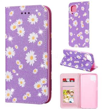 Ultra Slim Daisy Sparkle Glitter Powder Magnetic Leather Wallet Case for Huawei nova 6 SE - Purple