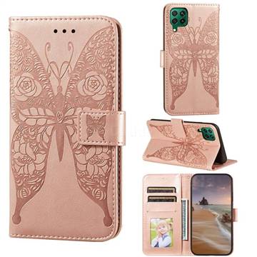 Intricate Embossing Rose Flower Butterfly Leather Wallet Case for Huawei nova 6 SE - Rose Gold