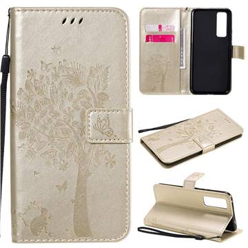 Embossing Butterfly Tree Leather Wallet Case for Huawei nova 7 5G - Champagne