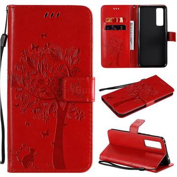Embossing Butterfly Tree Leather Wallet Case for Huawei nova 7 5G - Red