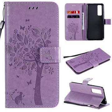 Embossing Butterfly Tree Leather Wallet Case for Huawei nova 7 5G - Violet