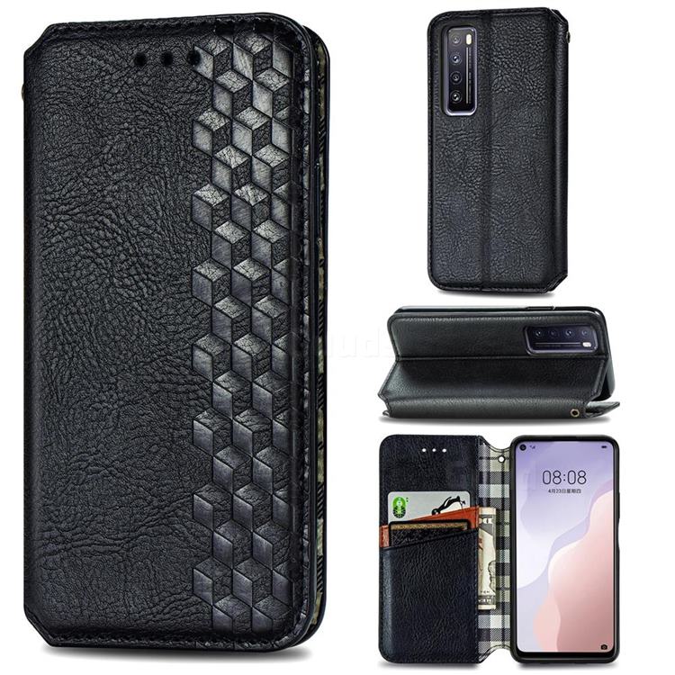 Ultra Slim Fashion Business Card Magnetic Automatic Suction Leather Flip Cover for Huawei nova 7 5G - Black