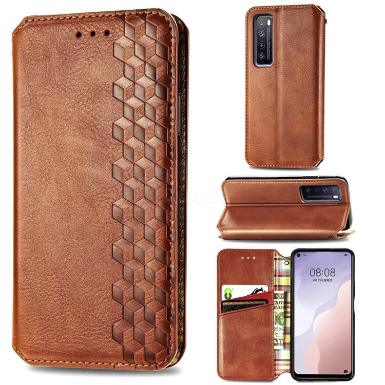 Ultra Slim Fashion Business Card Magnetic Automatic Suction Leather Flip Cover for Huawei nova 7 5G - Brown