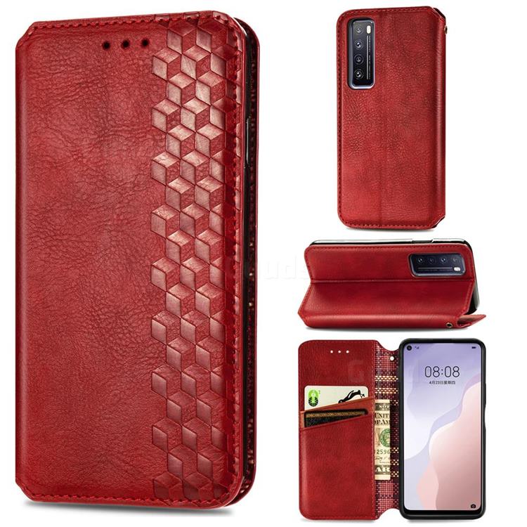 Ultra Slim Fashion Business Card Magnetic Automatic Suction Leather Flip Cover for Huawei nova 7 5G - Red