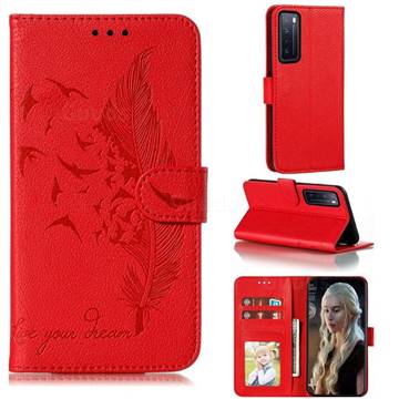 Intricate Embossing Lychee Feather Bird Leather Wallet Case for Huawei nova 7 5G - Red