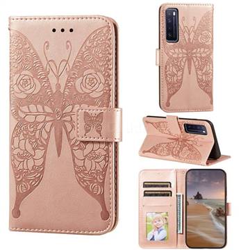 Intricate Embossing Rose Flower Butterfly Leather Wallet Case for Huawei nova 7 5G - Rose Gold