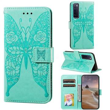 Intricate Embossing Rose Flower Butterfly Leather Wallet Case for Huawei nova 7 5G - Green