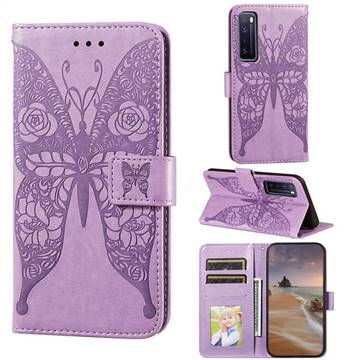 Intricate Embossing Rose Flower Butterfly Leather Wallet Case for Huawei nova 7 5G - Purple