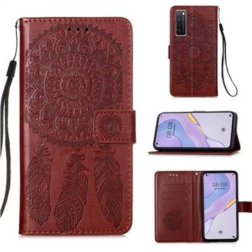 Embossing Dream Catcher Mandala Flower Leather Wallet Case for Huawei nova 7 5G - Brown