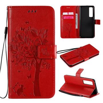 Embossing Butterfly Tree Leather Wallet Case for Huawei nova 7 Pro 5G - Red