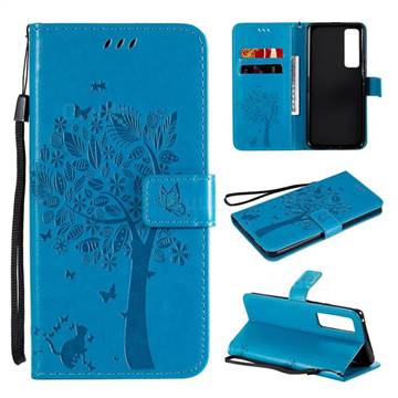 Embossing Butterfly Tree Leather Wallet Case for Huawei nova 7 Pro 5G - Blue