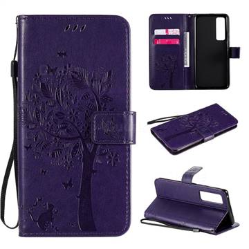 Embossing Butterfly Tree Leather Wallet Case for Huawei nova 7 Pro 5G - Purple