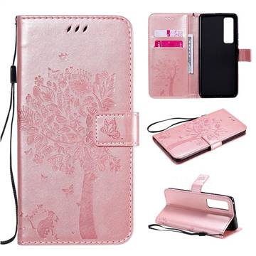 Embossing Butterfly Tree Leather Wallet Case for Huawei nova 7 Pro 5G - Rose Pink