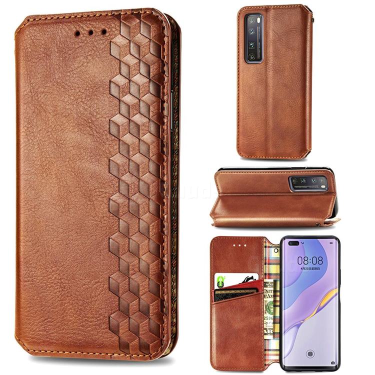 Ultra Slim Fashion Business Card Magnetic Automatic Suction Leather Flip Cover for Huawei nova 7 Pro 5G - Brown