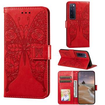 Intricate Embossing Rose Flower Butterfly Leather Wallet Case for Huawei nova 7 Pro 5G - Red