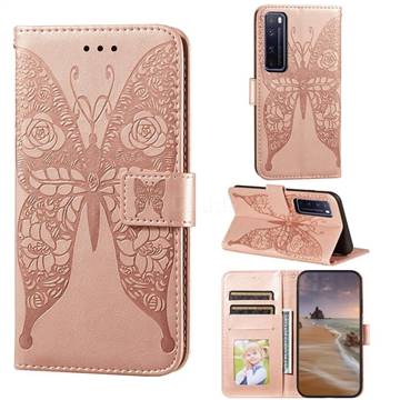 Intricate Embossing Rose Flower Butterfly Leather Wallet Case for Huawei nova 7 Pro 5G - Rose Gold