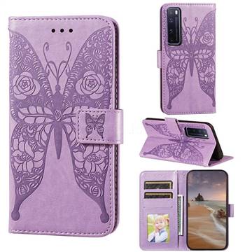 Intricate Embossing Rose Flower Butterfly Leather Wallet Case for Huawei nova 7 Pro 5G - Purple