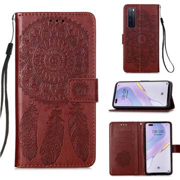 Embossing Dream Catcher Mandala Flower Leather Wallet Case for Huawei nova 7 Pro 5G - Brown