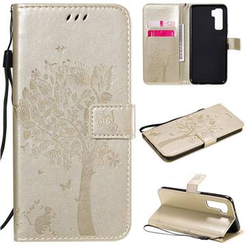 Embossing Butterfly Tree Leather Wallet Case for Huawei nova 7 SE - Champagne