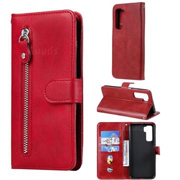 Retro Luxury Zipper Leather Phone Wallet Case for Huawei nova 7 SE - Red