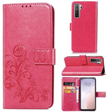 Embossing Imprint Four-Leaf Clover Leather Wallet Case for Huawei nova 7 SE - Rose Red