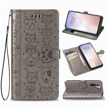 Embossing Dog Paw Kitten and Puppy Leather Wallet Case for Huawei nova 7 SE - Gray