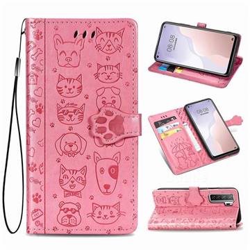 Embossing Dog Paw Kitten and Puppy Leather Wallet Case for Huawei nova 7 SE - Pink