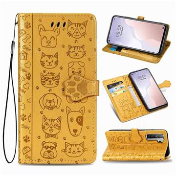 Embossing Dog Paw Kitten and Puppy Leather Wallet Case for Huawei nova 7 SE - Yellow