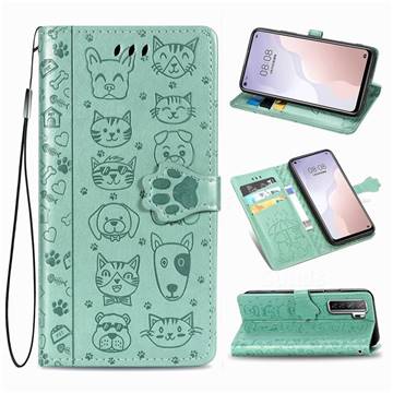 Embossing Dog Paw Kitten and Puppy Leather Wallet Case for Huawei nova 7 SE - Green