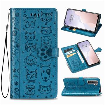 Embossing Dog Paw Kitten and Puppy Leather Wallet Case for Huawei nova 7 SE - Blue