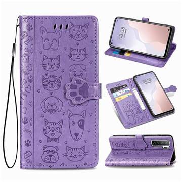 Embossing Dog Paw Kitten and Puppy Leather Wallet Case for Huawei nova 7 SE - Purple