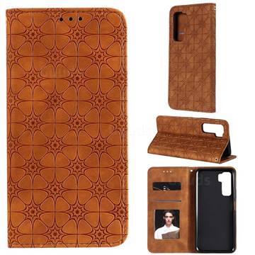 Intricate Embossing Four Leaf Clover Leather Wallet Case for Huawei nova 7 SE - Yellowish Brown