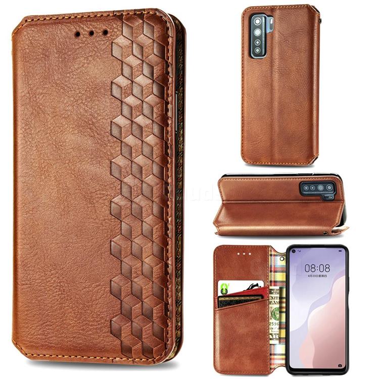 Ultra Slim Fashion Business Card Magnetic Automatic Suction Leather Flip Cover for Huawei nova 7 SE - Brown