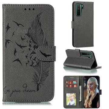 Intricate Embossing Lychee Feather Bird Leather Wallet Case for Huawei nova 7 SE - Gray