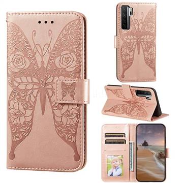 Intricate Embossing Rose Flower Butterfly Leather Wallet Case for Huawei nova 7 SE - Rose Gold