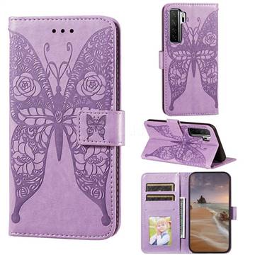 Intricate Embossing Rose Flower Butterfly Leather Wallet Case for Huawei nova 7 SE - Purple