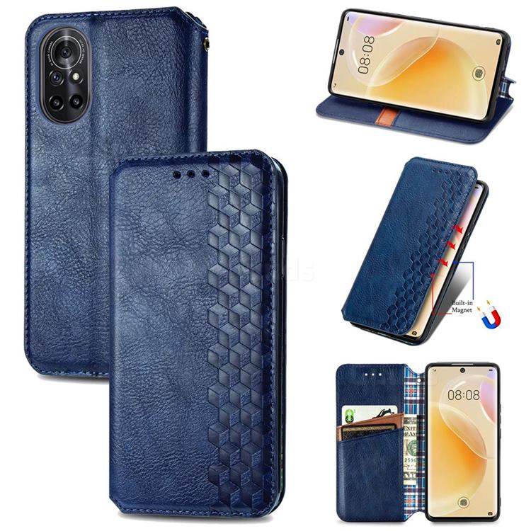 Ultra Slim Fashion Business Card Magnetic Automatic Suction Leather Flip Cover for Huawei nova 8 - Dark Blue