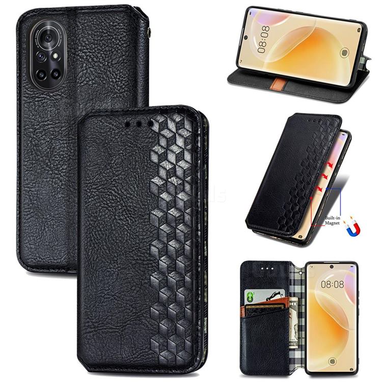 Ultra Slim Fashion Business Card Magnetic Automatic Suction Leather Flip Cover for Huawei nova 8 - Black