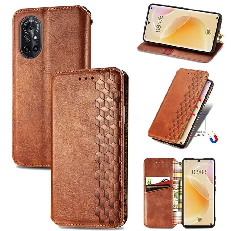 Ultra Slim Fashion Business Card Magnetic Automatic Suction Leather Flip Cover for Huawei nova 8 - Brown