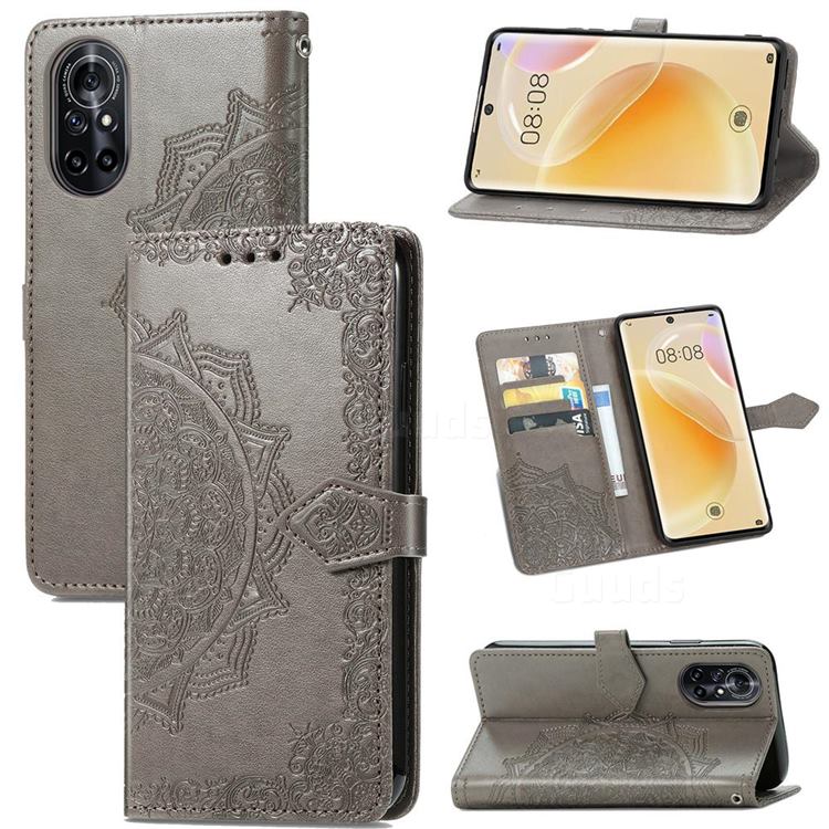 Embossing Imprint Mandala Flower Leather Wallet Case for Huawei nova 8 - Gray