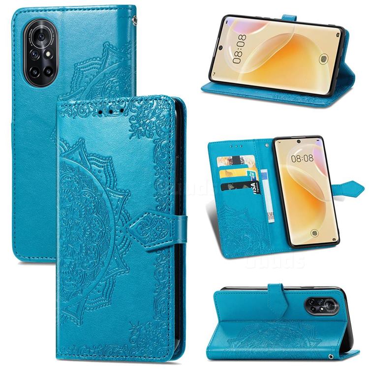 Embossing Imprint Mandala Flower Leather Wallet Case for Huawei nova 8 - Blue