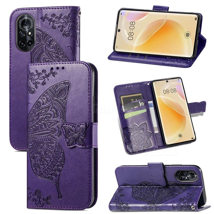 Embossing Mandala Flower Butterfly Leather Wallet Case for Huawei nova 8 - Dark Purple