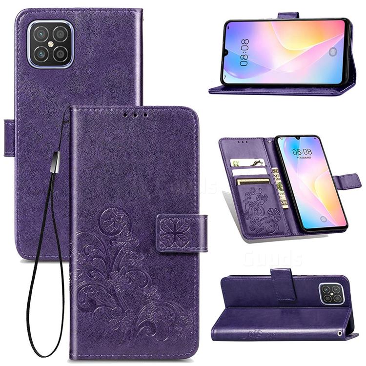 Embossing Imprint Four-Leaf Clover Leather Wallet Case for Huawei nova 8 SE - Purple
