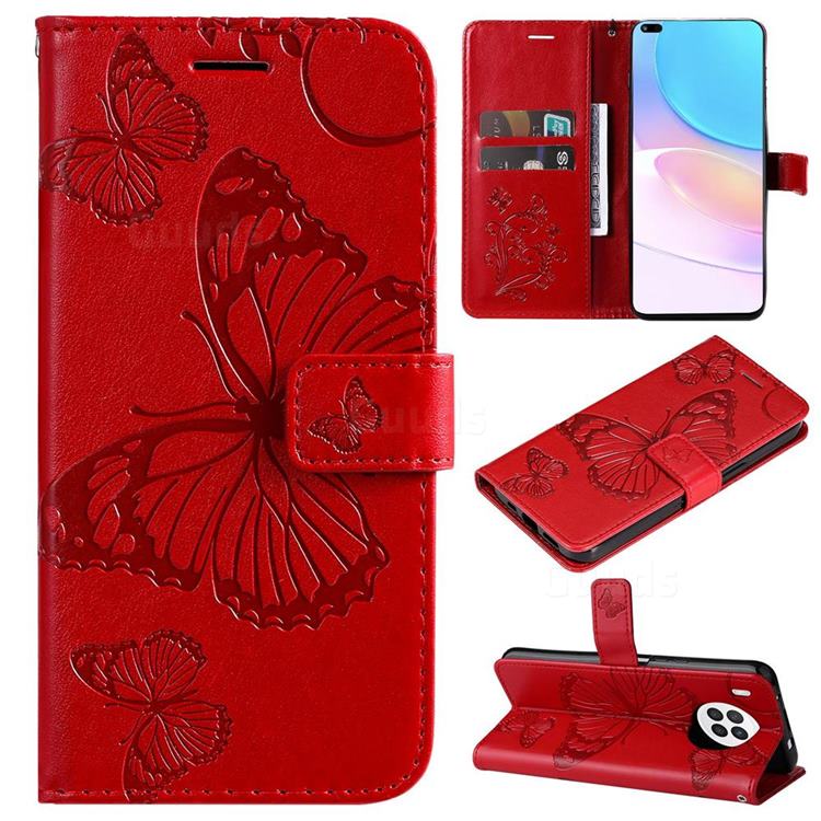 Embossing 3D Butterfly Leather Wallet Case for Huawei nova 8i - Red