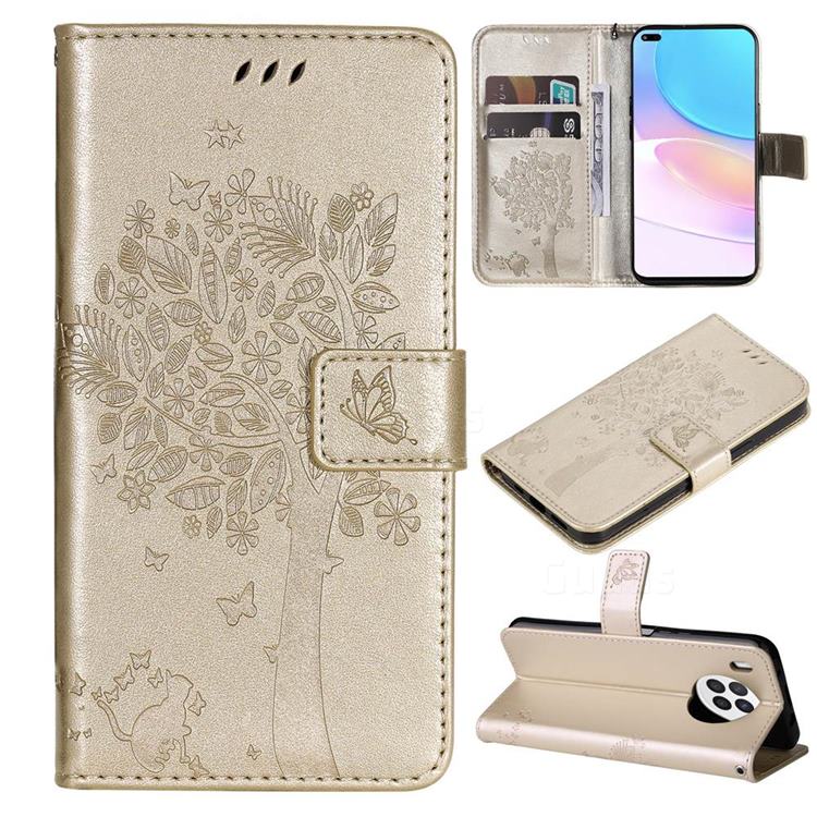 Embossing Butterfly Tree Leather Wallet Case for Huawei nova 8i - Champagne