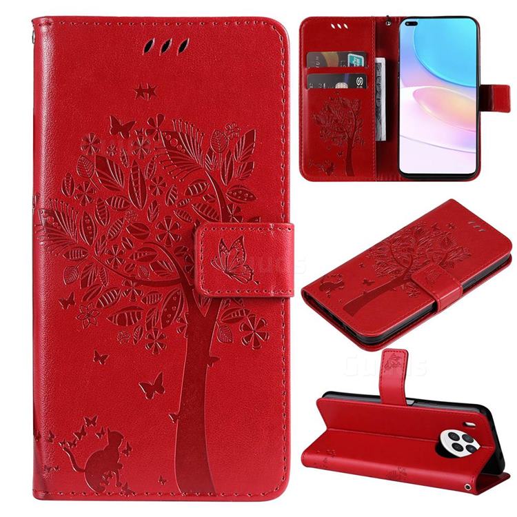 Embossing Butterfly Tree Leather Wallet Case for Huawei nova 8i - Red