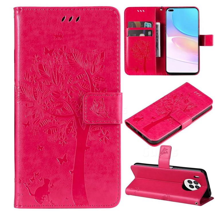 Embossing Butterfly Tree Leather Wallet Case for Huawei nova 8i - Rose